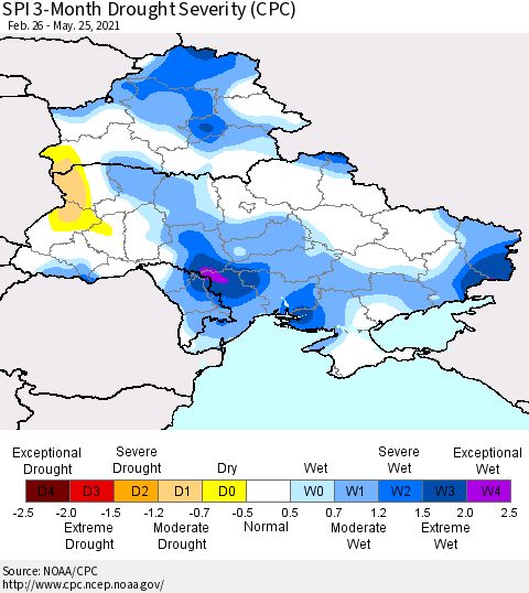Ukraine, Moldova and Belarus SPI 3-Month Drought Severity (CPC) Thematic Map For 2/26/2021 - 5/25/2021