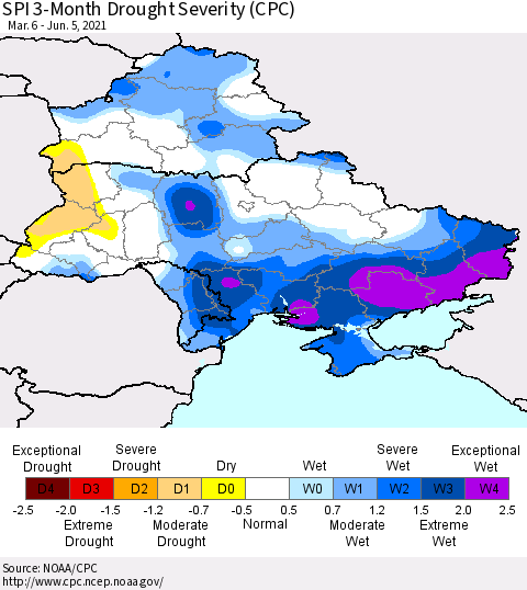 Ukraine, Moldova and Belarus SPI 3-Month Drought Severity (CPC) Thematic Map For 3/6/2021 - 6/5/2021