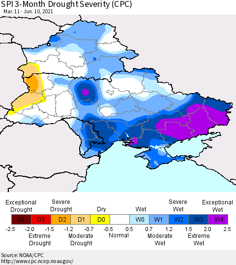 Ukraine, Moldova and Belarus SPI 3-Month Drought Severity (CPC) Thematic Map For 3/11/2021 - 6/10/2021