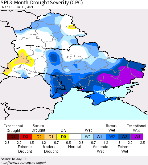 Ukraine, Moldova and Belarus SPI 3-Month Drought Severity (CPC) Thematic Map For 3/16/2021 - 6/15/2021