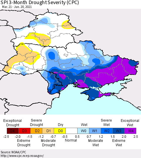 Ukraine, Moldova and Belarus SPI 3-Month Drought Severity (CPC) Thematic Map For 3/21/2021 - 6/20/2021