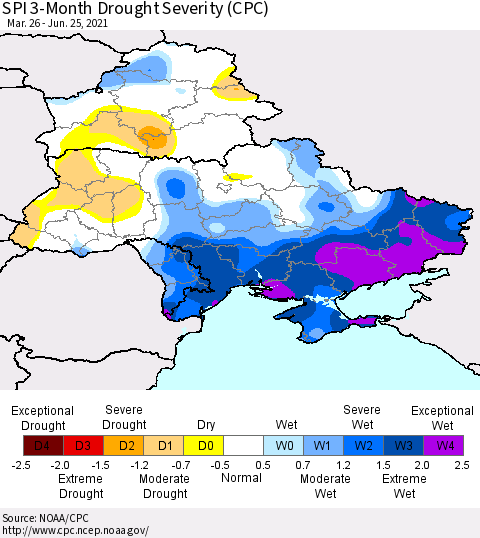 Ukraine, Moldova and Belarus SPI 3-Month Drought Severity (CPC) Thematic Map For 3/26/2021 - 6/25/2021