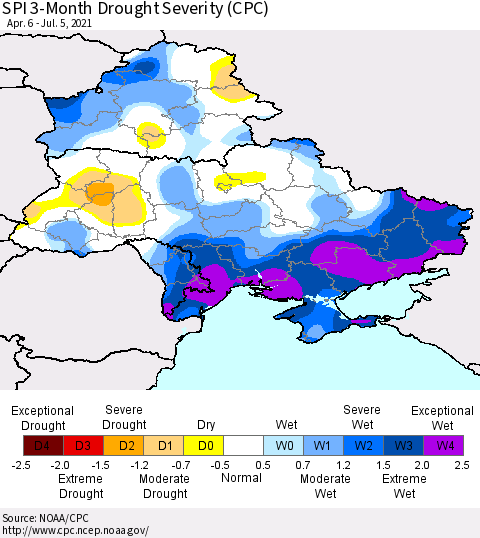 Ukraine, Moldova and Belarus SPI 3-Month Drought Severity (CPC) Thematic Map For 4/6/2021 - 7/5/2021