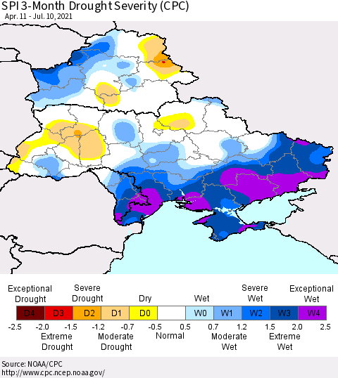 Ukraine, Moldova and Belarus SPI 3-Month Drought Severity (CPC) Thematic Map For 4/11/2021 - 7/10/2021