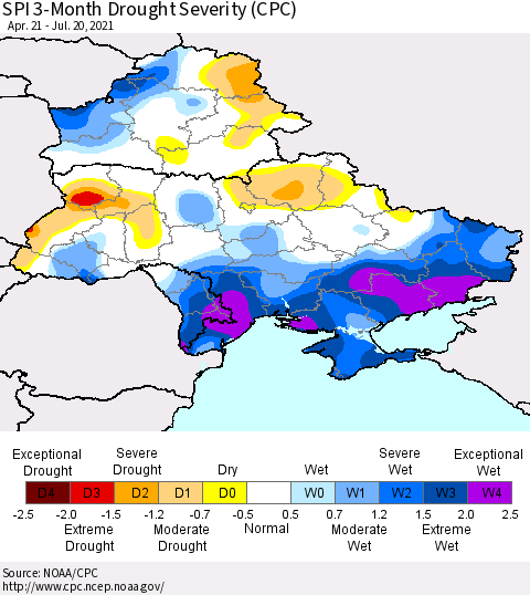 Ukraine, Moldova and Belarus SPI 3-Month Drought Severity (CPC) Thematic Map For 4/21/2021 - 7/20/2021