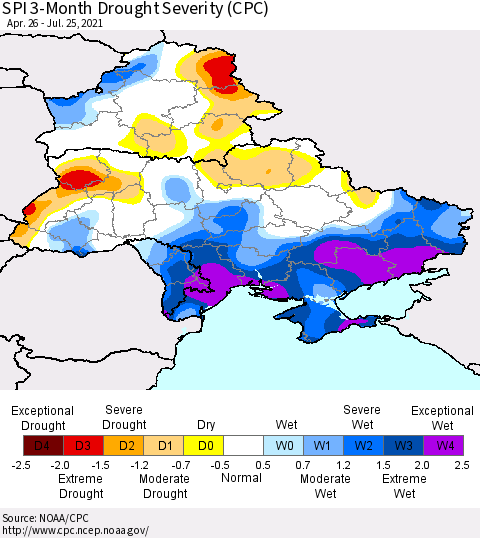 Ukraine, Moldova and Belarus SPI 3-Month Drought Severity (CPC) Thematic Map For 4/26/2021 - 7/25/2021