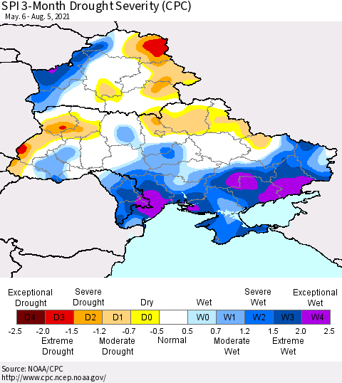 Ukraine, Moldova and Belarus SPI 3-Month Drought Severity (CPC) Thematic Map For 5/6/2021 - 8/5/2021