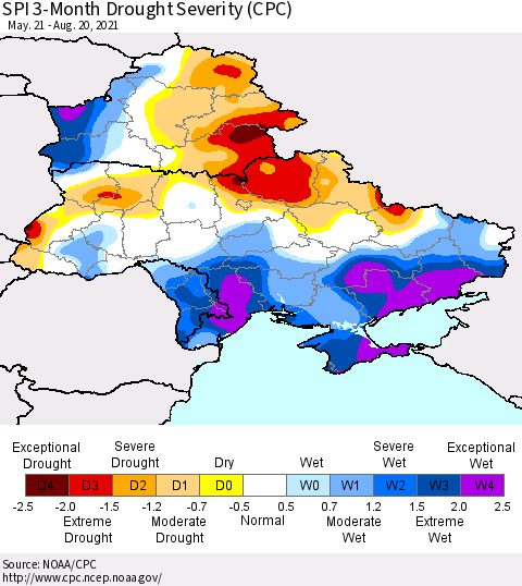 Ukraine, Moldova and Belarus SPI 3-Month Drought Severity (CPC) Thematic Map For 5/21/2021 - 8/20/2021