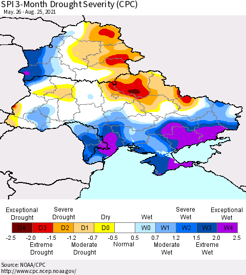 Ukraine, Moldova and Belarus SPI 3-Month Drought Severity (CPC) Thematic Map For 5/26/2021 - 8/25/2021