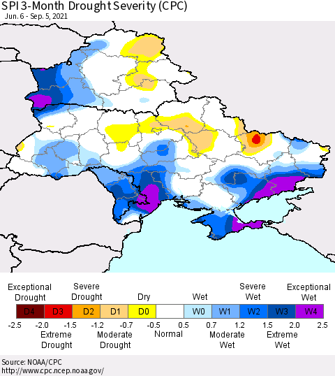 Ukraine, Moldova and Belarus SPI 3-Month Drought Severity (CPC) Thematic Map For 6/6/2021 - 9/5/2021
