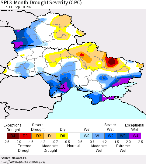 Ukraine, Moldova and Belarus SPI 3-Month Drought Severity (CPC) Thematic Map For 6/11/2021 - 9/10/2021