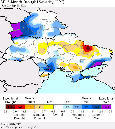 Ukraine, Moldova and Belarus SPI 3-Month Drought Severity (CPC) Thematic Map For 6/21/2021 - 9/20/2021