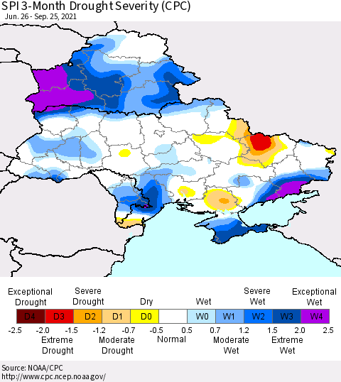 Ukraine, Moldova and Belarus SPI 3-Month Drought Severity (CPC) Thematic Map For 6/26/2021 - 9/25/2021