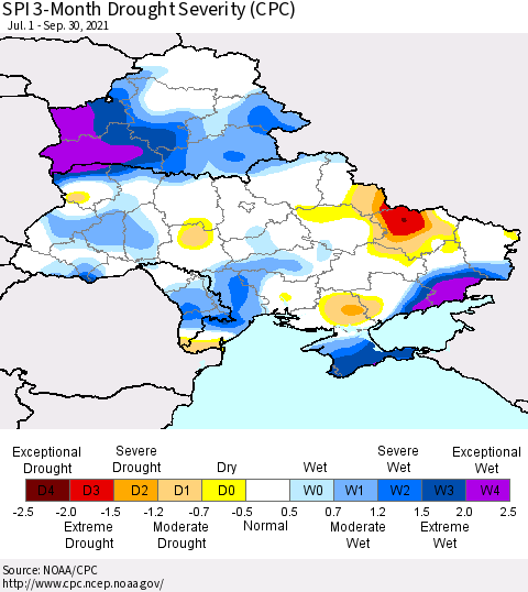 Ukraine, Moldova and Belarus SPI 3-Month Drought Severity (CPC) Thematic Map For 7/1/2021 - 9/30/2021