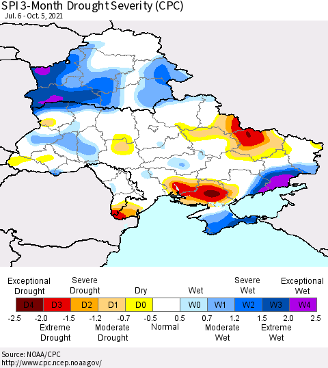 Ukraine, Moldova and Belarus SPI 3-Month Drought Severity (CPC) Thematic Map For 7/6/2021 - 10/5/2021