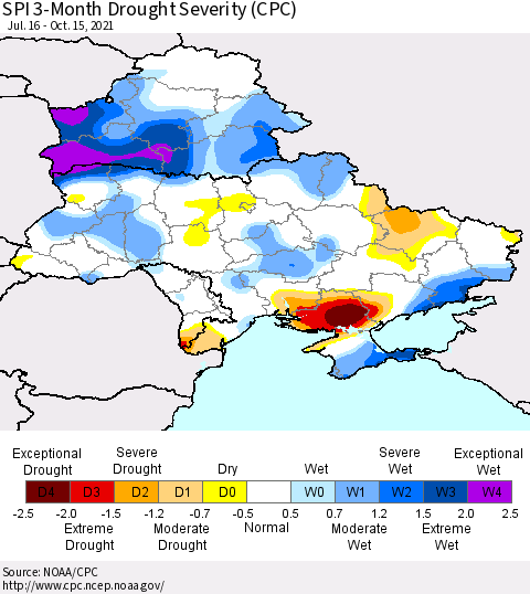 Ukraine, Moldova and Belarus SPI 3-Month Drought Severity (CPC) Thematic Map For 7/16/2021 - 10/15/2021
