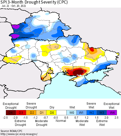 Ukraine, Moldova and Belarus SPI 3-Month Drought Severity (CPC) Thematic Map For 7/21/2021 - 10/20/2021