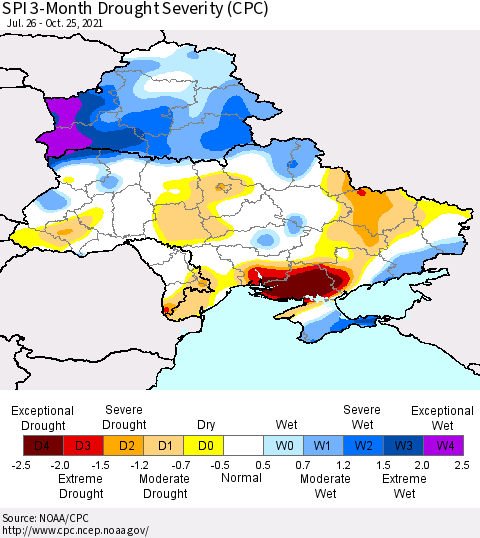 Ukraine, Moldova and Belarus SPI 3-Month Drought Severity (CPC) Thematic Map For 7/26/2021 - 10/25/2021