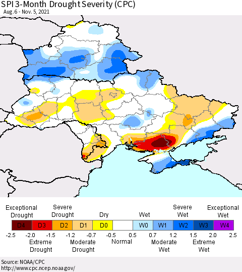 Ukraine, Moldova and Belarus SPI 3-Month Drought Severity (CPC) Thematic Map For 8/6/2021 - 11/5/2021