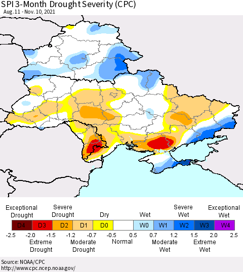 Ukraine, Moldova and Belarus SPI 3-Month Drought Severity (CPC) Thematic Map For 8/11/2021 - 11/10/2021