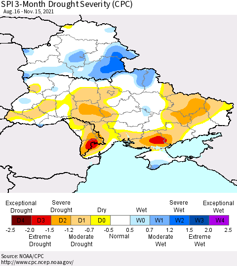 Ukraine, Moldova and Belarus SPI 3-Month Drought Severity (CPC) Thematic Map For 8/16/2021 - 11/15/2021