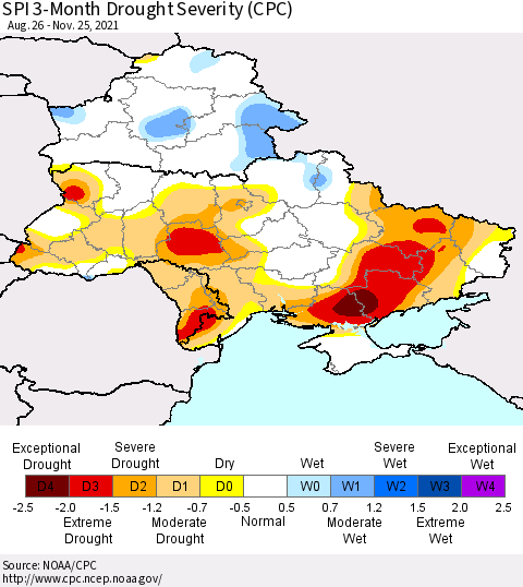 Ukraine, Moldova and Belarus SPI 3-Month Drought Severity (CPC) Thematic Map For 8/26/2021 - 11/25/2021