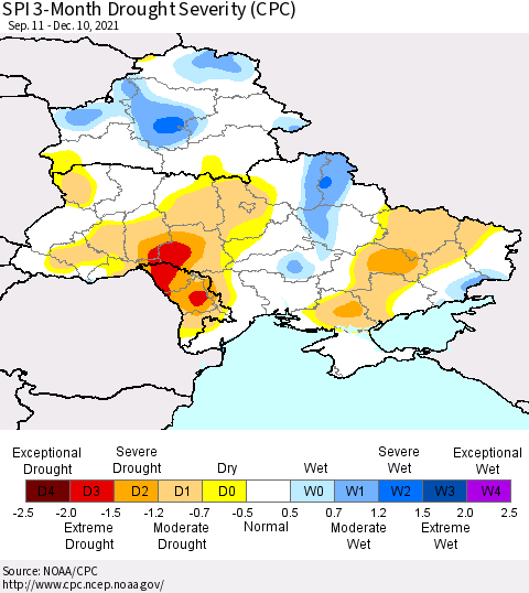 Ukraine, Moldova and Belarus SPI 3-Month Drought Severity (CPC) Thematic Map For 9/11/2021 - 12/10/2021