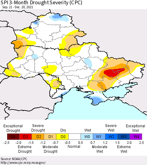 Ukraine, Moldova and Belarus SPI 3-Month Drought Severity (CPC) Thematic Map For 9/21/2021 - 12/20/2021