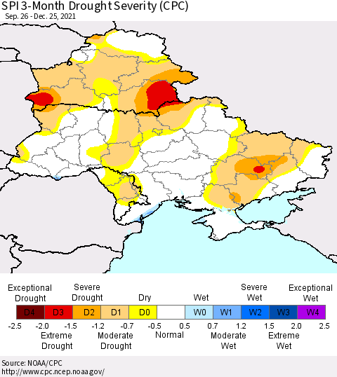 Ukraine, Moldova and Belarus SPI 3-Month Drought Severity (CPC) Thematic Map For 9/26/2021 - 12/25/2021