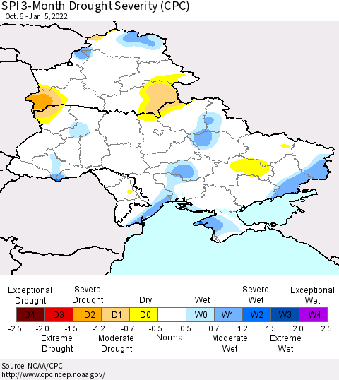 Ukraine, Moldova and Belarus SPI 3-Month Drought Severity (CPC) Thematic Map For 10/6/2021 - 1/5/2022
