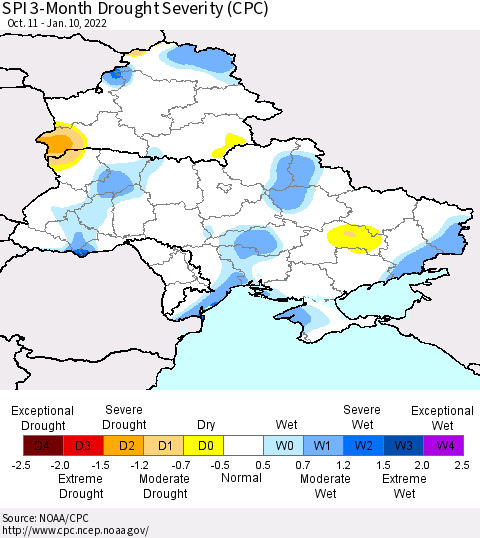 Ukraine, Moldova and Belarus SPI 3-Month Drought Severity (CPC) Thematic Map For 10/11/2021 - 1/10/2022