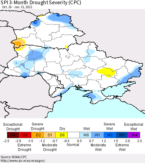 Ukraine, Moldova and Belarus SPI 3-Month Drought Severity (CPC) Thematic Map For 10/16/2021 - 1/15/2022