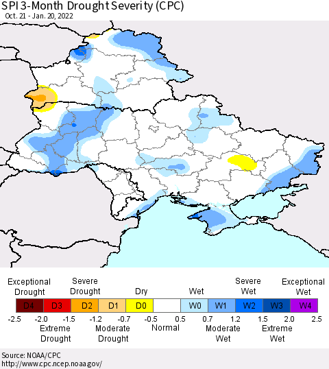 Ukraine, Moldova and Belarus SPI 3-Month Drought Severity (CPC) Thematic Map For 10/21/2021 - 1/20/2022
