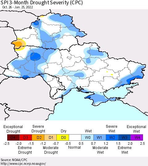 Ukraine, Moldova and Belarus SPI 3-Month Drought Severity (CPC) Thematic Map For 10/26/2021 - 1/25/2022