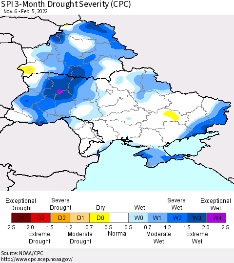 Ukraine, Moldova and Belarus SPI 3-Month Drought Severity (CPC) Thematic Map For 11/6/2021 - 2/5/2022