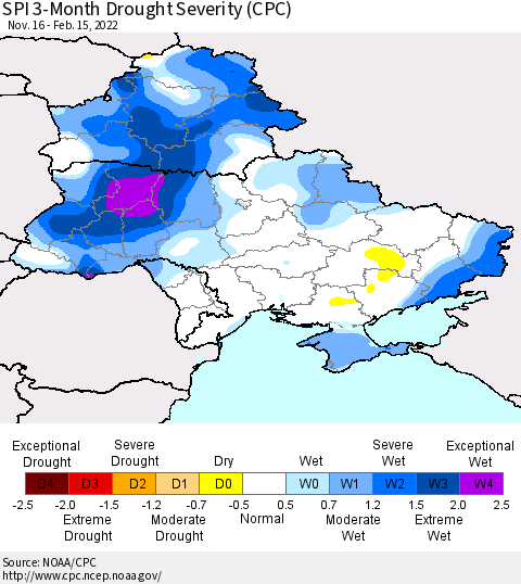 Ukraine, Moldova and Belarus SPI 3-Month Drought Severity (CPC) Thematic Map For 11/16/2021 - 2/15/2022