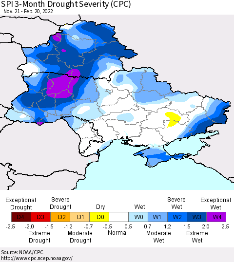 Ukraine, Moldova and Belarus SPI 3-Month Drought Severity (CPC) Thematic Map For 11/21/2021 - 2/20/2022