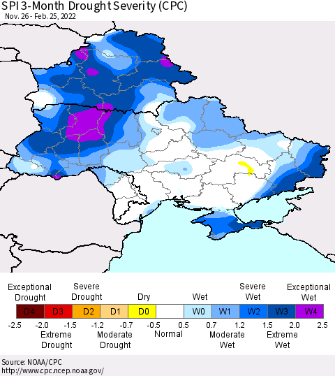Ukraine, Moldova and Belarus SPI 3-Month Drought Severity (CPC) Thematic Map For 11/26/2021 - 2/25/2022