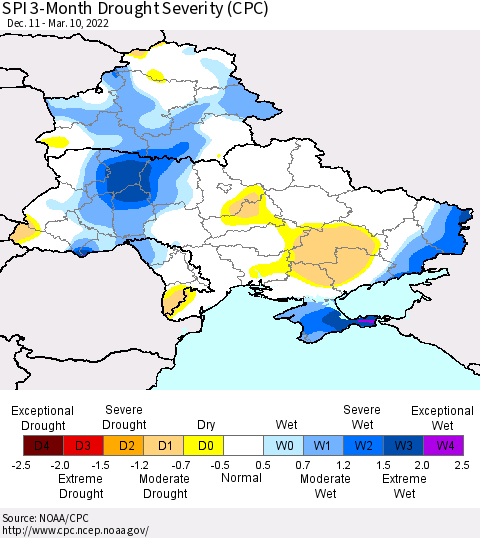 Ukraine, Moldova and Belarus SPI 3-Month Drought Severity (CPC) Thematic Map For 12/11/2021 - 3/10/2022
