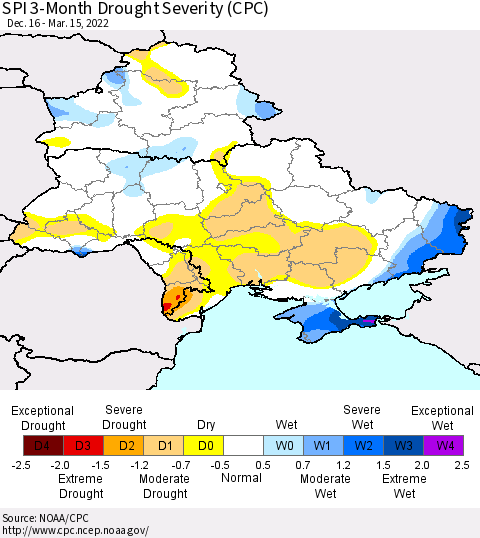 Ukraine, Moldova and Belarus SPI 3-Month Drought Severity (CPC) Thematic Map For 12/16/2021 - 3/15/2022