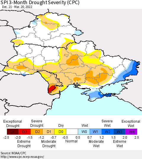 Ukraine, Moldova and Belarus SPI 3-Month Drought Severity (CPC) Thematic Map For 12/21/2021 - 3/20/2022