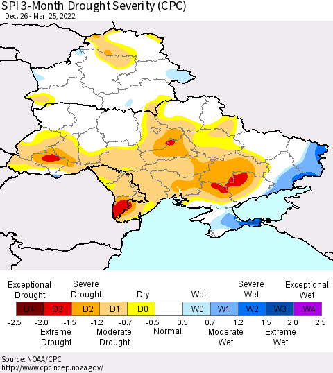 Ukraine, Moldova and Belarus SPI 3-Month Drought Severity (CPC) Thematic Map For 12/26/2021 - 3/25/2022