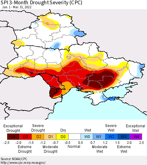 Ukraine, Moldova and Belarus SPI 3-Month Drought Severity (CPC) Thematic Map For 1/1/2022 - 3/31/2022
