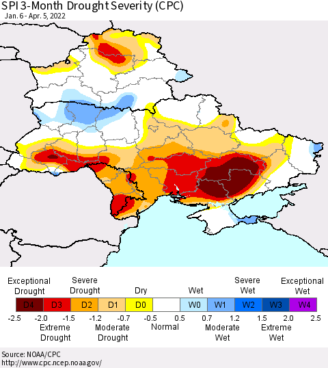 Ukraine, Moldova and Belarus SPI 3-Month Drought Severity (CPC) Thematic Map For 1/6/2022 - 4/5/2022