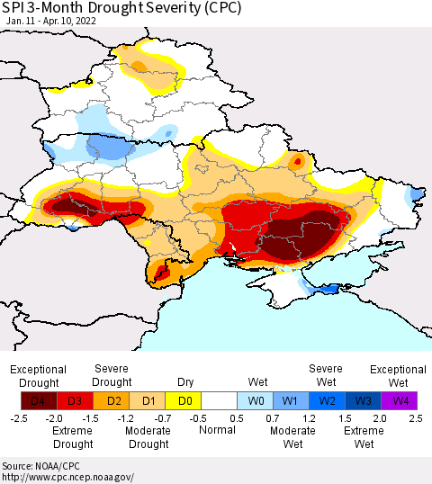 Ukraine, Moldova and Belarus SPI 3-Month Drought Severity (CPC) Thematic Map For 1/11/2022 - 4/10/2022
