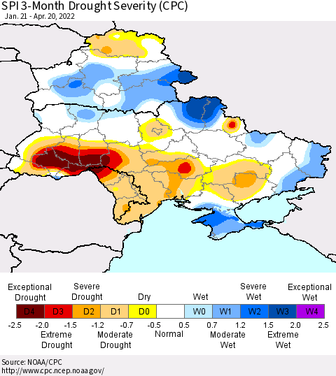 Ukraine, Moldova and Belarus SPI 3-Month Drought Severity (CPC) Thematic Map For 1/21/2022 - 4/20/2022