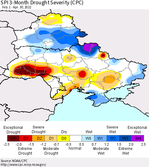 Ukraine, Moldova and Belarus SPI 3-Month Drought Severity (CPC) Thematic Map For 2/1/2022 - 4/30/2022