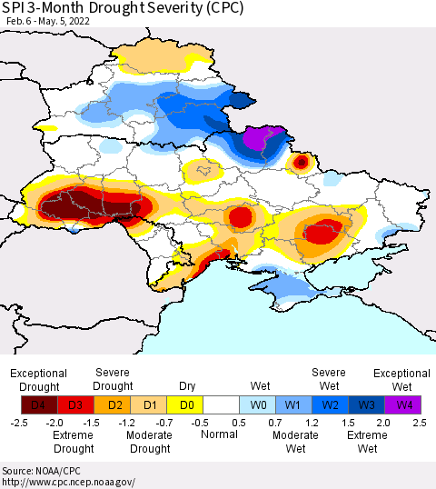 Ukraine, Moldova and Belarus SPI 3-Month Drought Severity (CPC) Thematic Map For 2/6/2022 - 5/5/2022