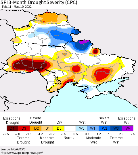 Ukraine, Moldova and Belarus SPI 3-Month Drought Severity (CPC) Thematic Map For 2/11/2022 - 5/10/2022