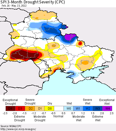 Ukraine, Moldova and Belarus SPI 3-Month Drought Severity (CPC) Thematic Map For 2/16/2022 - 5/15/2022
